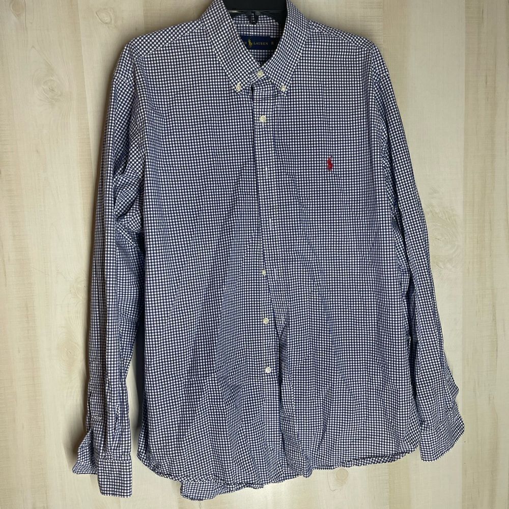 Ralph Lauren navy and white checked long sleeve shirt, size XL